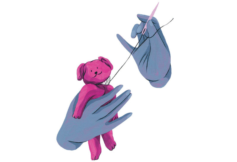 Illustration chambre d'enfant avec des jouets par terre en premier plan et deux enfants sur un lit en second plan