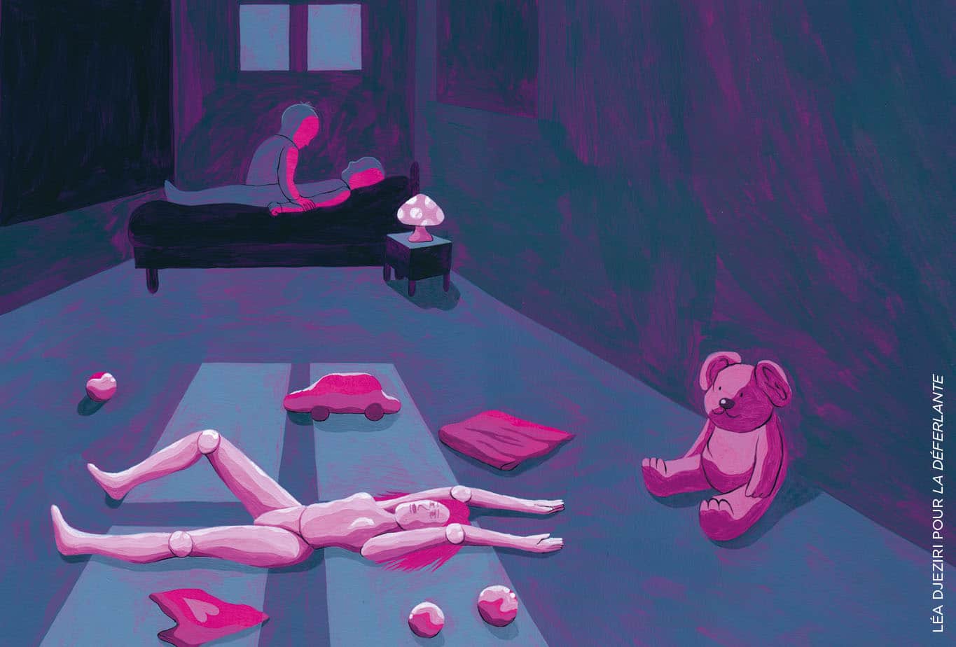 Illustration chambre d'enfant avec des jouets par terre en premier plan et deux enfants sur un lit en second plan