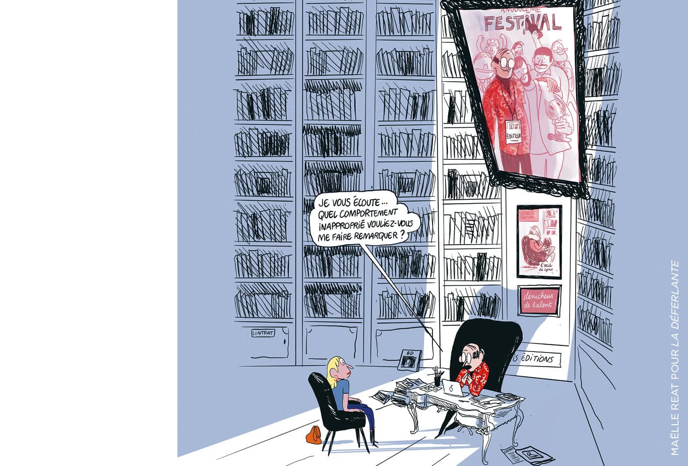 Illustration Maëlle Réat « Je vous écoute quel comportement vouliez-vous me faire remarque » pour Focus « À quand un #metoo dans la BD »