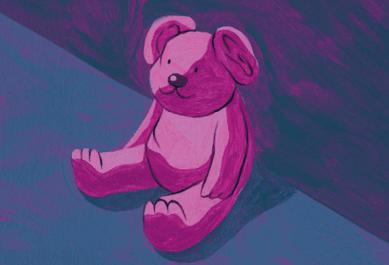 Illustration chambre d'enfant avec des jouets par terre en premier plan et deux enfants sur un lit en second plan