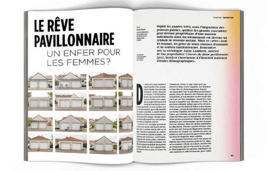 Mock-up de l'entretien « Le rêve pavillonnaire un enfer pour les femmes ? » avec Des garages de la série « Typologies », du photographe Bruno Fontana.