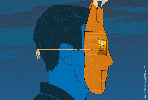 Illustration de PALM pour l'histoire d'un slogan « L'agresseur ne sonne pas, il a la clef » signé Nora Bouazzouni - La Déferlante 11 « Habiter »