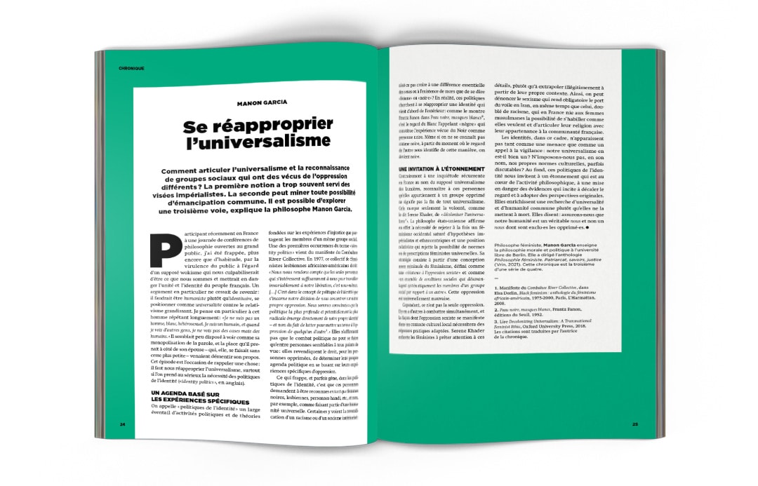 La philosophe Manon Garcia s'interroge sur l’universalisme en reconnaissant l'oppression différente vécue par des groupes sociaux.