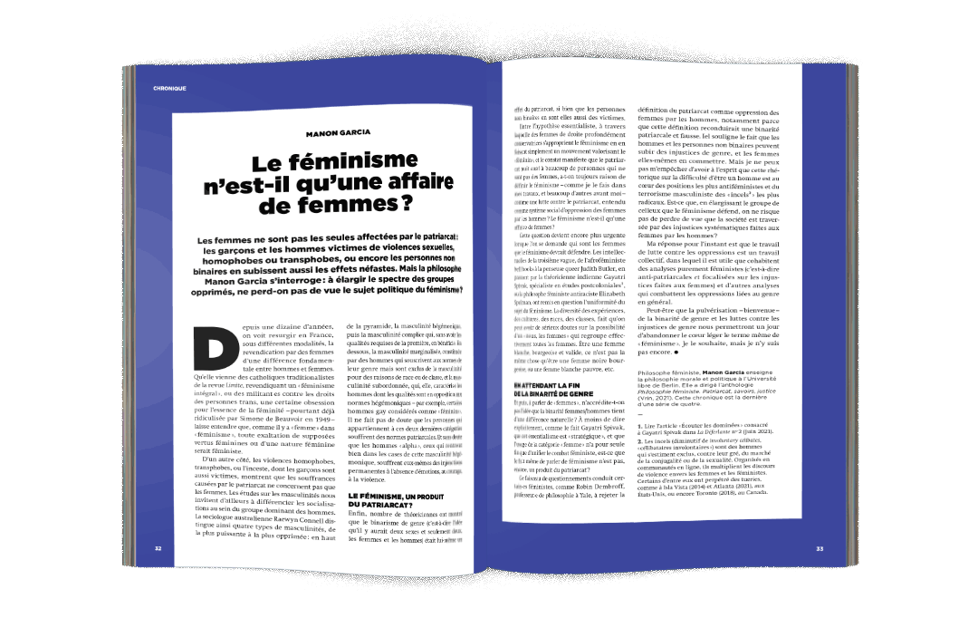Mock-up Chronique Manon Garcia « le féminisme n'est-il qu'une affaire de femmes ? » - La Déferlante 12