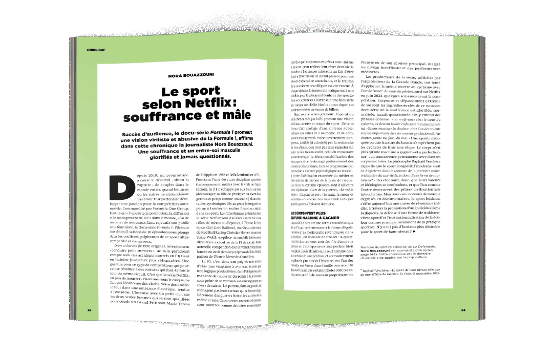Mock-up chronique Nora Bouazzouni « Le sport selon netflix : souffrance et mâle » - La Déferlante 12