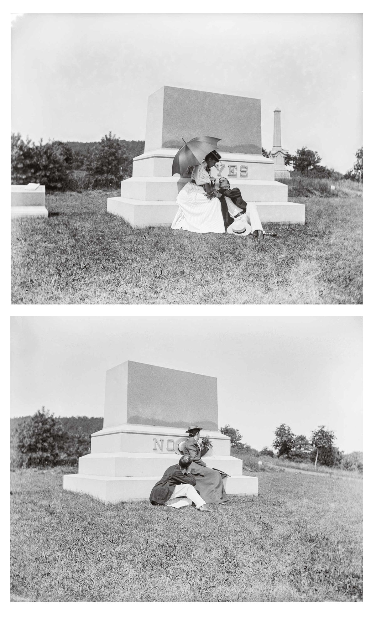 Le non et le oui de Trude Ec. à M. Hopper (1892). Devant une pierre tombale où figure l’inscription « Noyes », Alice Austen se joue des postures incontournables de la passion romantique. Elle met en scène Trude Eccleston refusant les avances d’un soupirant – rôle qu’endosse l’un de leurs ami·es, Augustine Hopper –, ou faisant mine d’être, au contraire, attendrie par ses suppliques amoureuses.&nbsp;Crédit photo : Collection of Historic Richmond Town