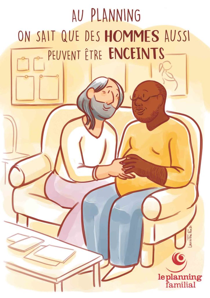 Affiche de sensibilisation du Planning familial représentant un homme enceint, réalisée en 2022 par Laurier The Fox.LAURIER THE FOX / PLANNING FAMILIAL