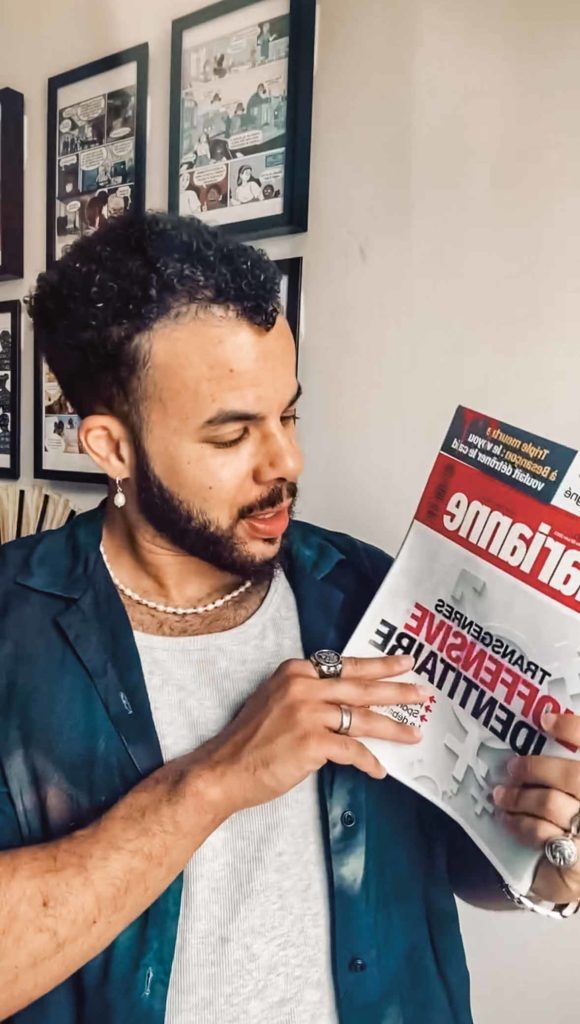 Le psychologue Morgan Noam décrypte régulièrement les offensives antitrans dans les médias conservateurs. Ici,&nbsp;dans une vidéo postée sur Instagram en juin&nbsp;2023 sur le&nbsp;dossier de&nbsp;l’hebdomadaire Marianne « Transgenres, l’offensive identitaire ». Morgan Noam