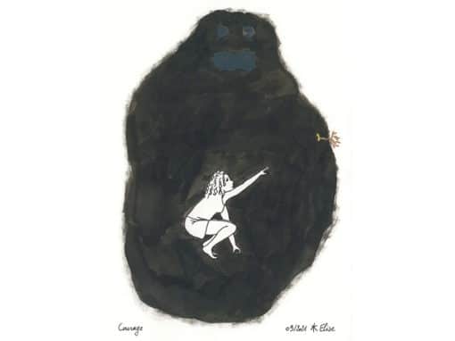 Face au souvenir traumatique de l’inceste, Élise Ki a commencé à dessiner. « Le dessin me permettait d’extérioriser, de remettre à distance. » Ce dessin, intitulé Courage est accompagné d’un poème : « La peur surgit / Il est temps de se battre / Pour une goutte d’espoir. » Élise Ki / Alon féminisme Réunion