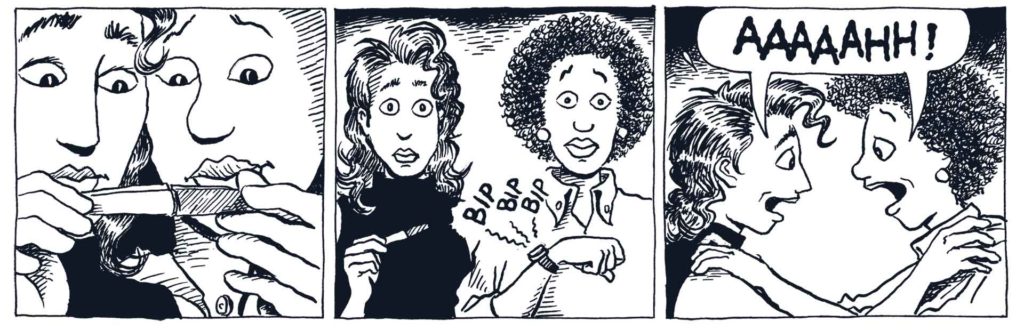 Extrait de L’Essentiel des Gouines à suivre (tome 1), d’Alison Bechdel, éditions Même pas mal, 2016. Bande dessinée cultissime qui raconte les aventures de Mo, Loïs, Toni et Ginger dans l’Amérique conservatrice des années 1980.ÉDITIONS MÊME PAS MAL