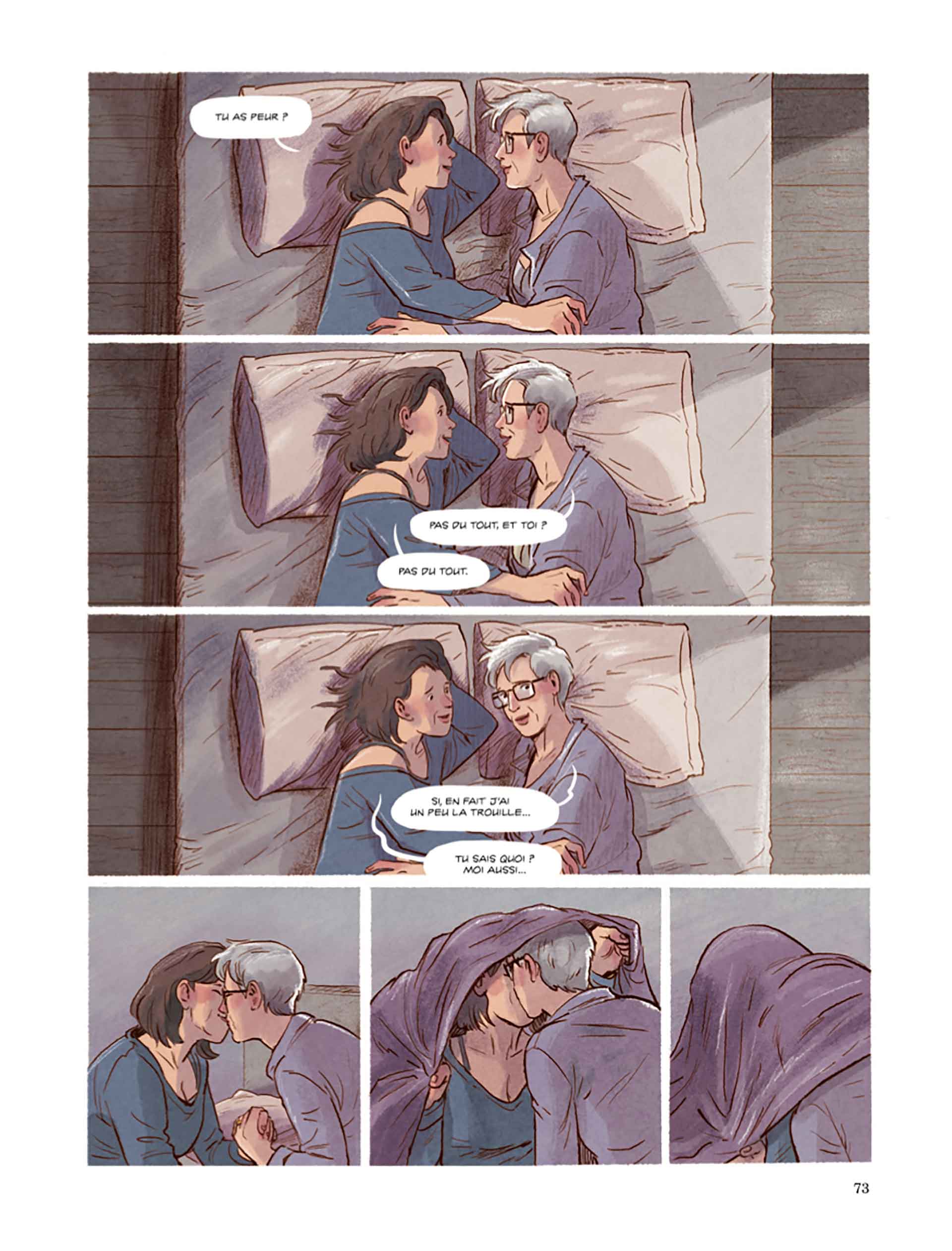 Planche de Soixante printemps en hiver, d’Aimée de Jongh et Ingrid Chabbert, Dupuis, 2022. À 60 ans, Josy plaque son mari et part à bord de son vieux van Volkswagen, en quête de liberté. INGRID CHABBERT - AIMÉE DE JONGH / DUPUIS