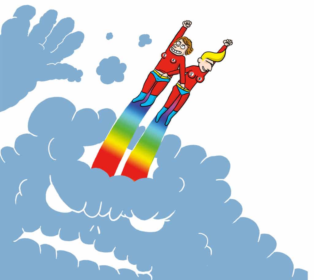 Dessin extrait de Super Rainbow, de Lisa Mandel, Casterman, 2015. Les aventures de deux super-héroïnes qui pour activer leurs pouvoirs doivent faire l’amour ensemble et avoir un orgasme…LISA MANDEL / CASTERMAN