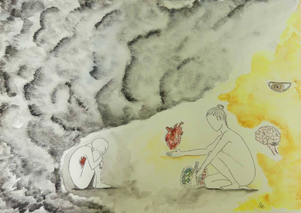 GLC, Au fond du trou, 2020. L’image est venue à l’autrice en début de thérapie. « Le “moi adulte” demande au “moi enfant” de venir vers lui », expliquet-elle. Ce dessin a été exposé à plusieurs reprises dans le cadre de l'exposition Psychotraum’Artistes, à Saint-Denis, La Réunion entre 2021 et 2024.GLC / ALON FÉMINISME RÉUNION