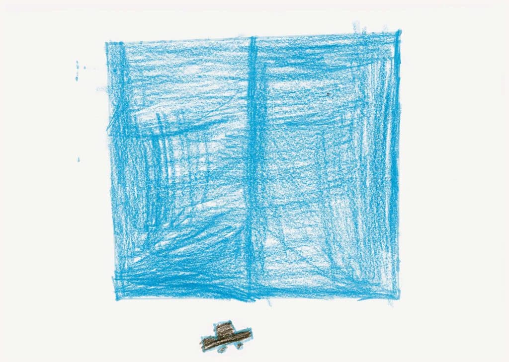 L’auteur du dessin ci-dessus, un garçon syrien de 8 ans, a dû fuir son pays avec sa famille en 2012 alors qu’il était âgé de 3 ans. Cinq ans plus tard, réfugié à Irbid, en Jordanie, il s’applique, au centre de santé mentale de Médecins sans frontières, à dessiner un rêve : « C’est une porte et une voiture. Nous revenons dans notre pays. Je me souviens de la porte. Elle était bleue. Je suis dans la voiture, avec toute ma famille. »MÉDECINS SANS FRONTIÈRES / DÉFLAGRATIONS