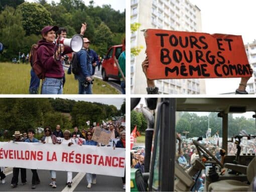 Lors du « grand rassemblement » organisé mercredi 3 juillet 2024 par des militantes féministes en Ile-et-Vilaine. En haut à gauche, Juliette Rousseau et en bas, au centre de la banderole, Régine Komokoli. Crédit : Margot Dejeux.