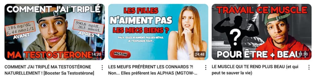 Captures d’écran de la chaîne YouTube de Killian Sensei, 189 000 abonné·es. Ses&nbsp;vidéos les plus populaires proposent des solutions pour booster son taux de testostérone. Les masculinistes tentent de prouver que les hormones différencient les hommes et les femmes, explique l’anthropologue Mélanie Gourarier.