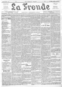 Une du cinquième numéro du quotidien La Fronde, publié le 13 décembre 1897. Crédit&nbsp;: BIBLIOTHÈQUE MARGUERITE-DURAND